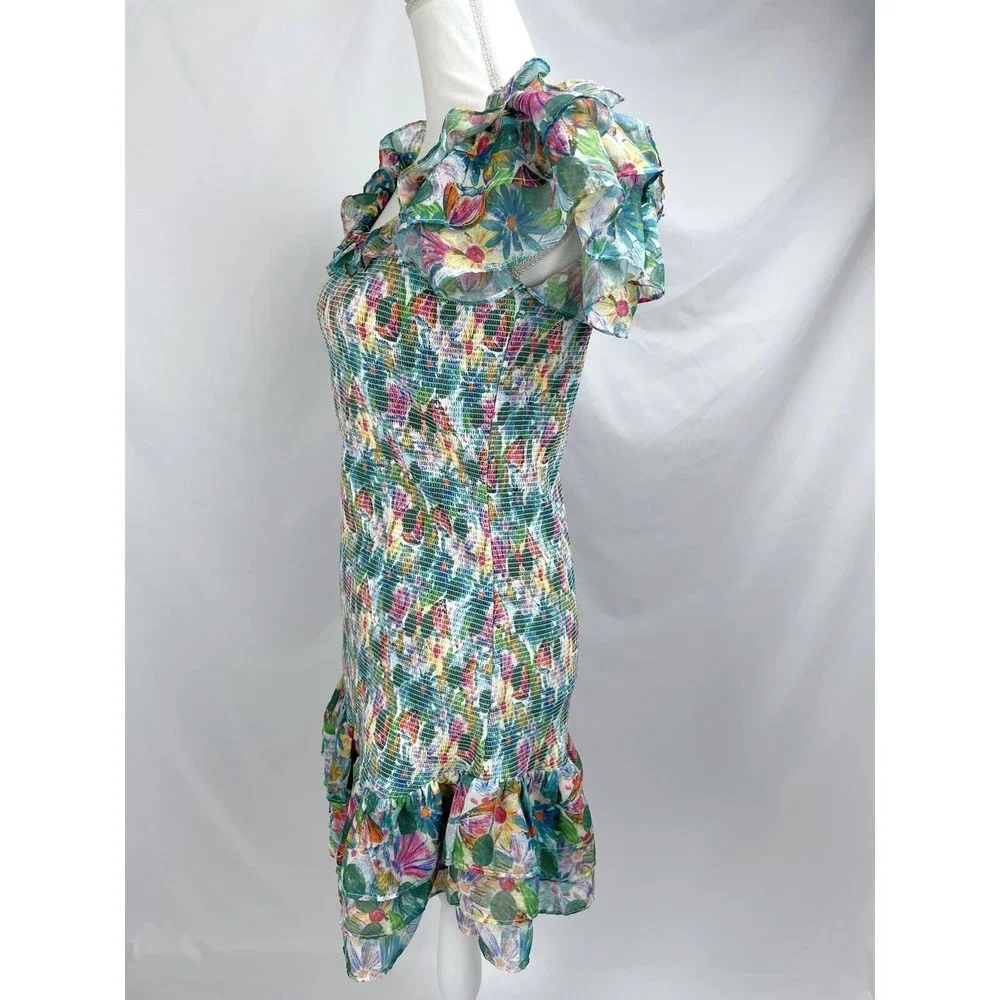 ASTR The Label XL Green Pink Blue Floral Smocked Sleeveless Dress Flutter Sleeve - Picture 5 of 12